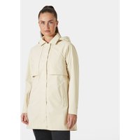 White Helly Hansen women’s raincoat with hood, front zipper, and pockets, size M.