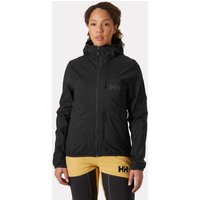 Black Helly Hansen women’s hooded insulator jacket, lightweight with front zipper, XS size, worn by a model.