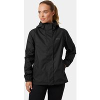 Black Helly Hansen women's rain jacket with hood, front zipper, and adjustable cuffs, size small.