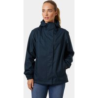 Navy Helly Hansen women's rain jacket with hood, front zipper, and adjustable cuffs, size L.