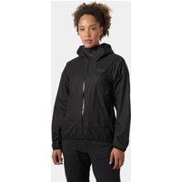 Black Helly Hansen women’s Verglas jacket, hooded, zippered front, lightweight, medium size, sleek design.