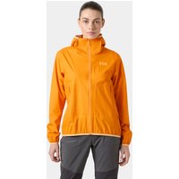 Orange Helly Hansen women's jacket with hood, front zipper, and logo on chest, designed for outdoor activities.