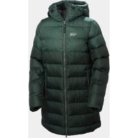 Green Helly Hansen women's puffy parka with hood, quilted design, and front zipper closure.