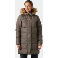 Green Helly Hansen women's long parka with faux fur hood trim, quilted design, and front zipper closure.