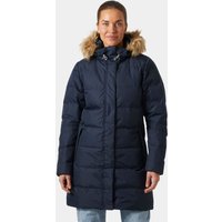 Navy Helly Hansen women's long parka with faux fur hood trim, quilted design, and front zipper closure.