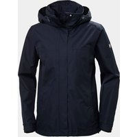 Navy Helly Hansen women's rain jacket with hood, front zipper, and adjustable cuffs, size M.