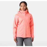 Pink Helly Hansen women's rain jacket with hood, front zipper, and adjustable cuffs, size L.