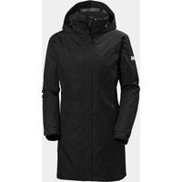 Black Helly Hansen women's long insulated rain coat with hood, front zipper, and logo on sleeve, size XS.