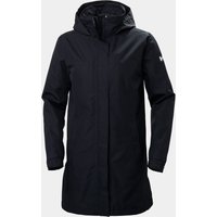 Navy Helly Hansen women's long insulated rain coat with hood, full-length zipper, and adjustable cuffs, size XL.