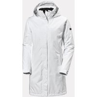 White Helly Hansen women's long insulated rain coat with hood, front zipper, and adjustable cuffs, size S.