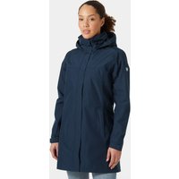 Navy Helly Hansen women's long rain coat with hood, front zipper, and adjustable cuffs, size L.
