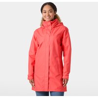 Pink Helly Hansen women's long rain coat with hood, front zipper, and adjustable cuffs, size XL.