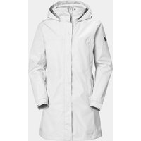White Helly Hansen women's long rain coat with hood, front zipper, and button closure, size M.