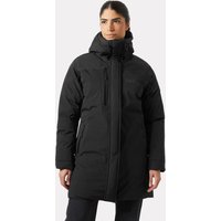 Black Helly Hansen women's parka with hood, front zipper, chest pocket, and long sleeves, size L.