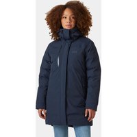 Navy Helly Hansen women's parka with hood, front zipper, and insulated design, size small.