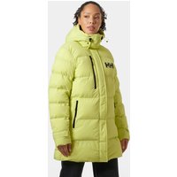 Green Helly Hansen women's puffy parka with hood, black zippers, and logo on chest, size S.
