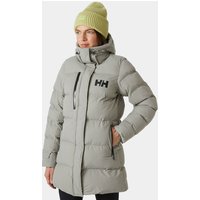 Grey Helly Hansen women's puffy parka, lightweight, with hood, front zip, and HH logo on chest, size S.