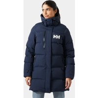 Navy Helly Hansen women's puffy parka, mid-length, with hood and logo on chest, size M.