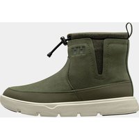 Green Helly Hansen women's lightweight winter boots, size 6.5, with pull-on design, elastic side panels, and beige sole.
