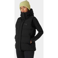 Black Helly Hansen women's puffy vest, XS, with high collar and quilted design.