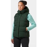 Green Helly Hansen women's puffy vest with high collar and zip pockets, size L, worn over a light blue long-sleeve shirt.