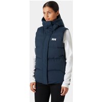 Navy Helly Hansen women's puffy vest with high collar, front zipper, and logo on chest, size L.