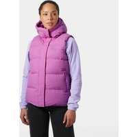 Pink Helly Hansen women's puffy vest with hood, quilted design, worn over a light purple long-sleeve shirt.
