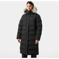 Black Helly Hansen women's long parka with fur-trimmed hood, quilted design, and front zipper closure.