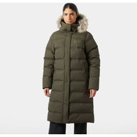 Green Helly Hansen women's long parka with fur-lined hood, quilted design, and front zipper closure.