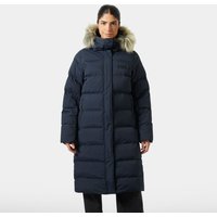 Navy Helly Hansen women's long parka with faux fur hood trim, quilted design, and full-length zipper, size S.