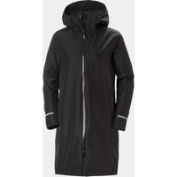 Black Helly Hansen women's long hooded raincoat with front zipper, adjustable cuffs, and sleek design, size M.
