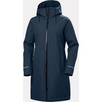 Navy Helly Hansen women's long hooded raincoat, size XS, with front zipper and adjustable cuffs.