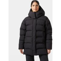 Black Helly Hansen women's oversized puffy parka with hood and quilted design, size S.
