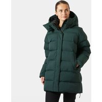 Green Helly Hansen women's oversized puffy parka with hood, large quilted sections, and front zipper closure.