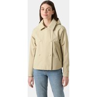 Beige Helly Hansen women's short trench coat with double-breasted front and hood, size L.