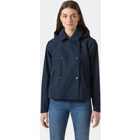 Navy Helly Hansen women's trench coat, double-breasted with hood, button details, and waist-length design.