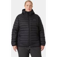 Black Helly Hansen women's hooded insulator jacket, quilted design, plus size 1X, front zipper, long sleeves.
