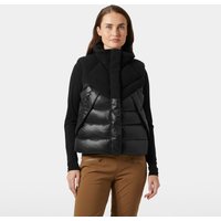 Black Helly Hansen women's down vest, size L, with quilted design and high collar.