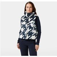 Navy and white patterned Helly Hansen women's down vest with high collar and front zipper.