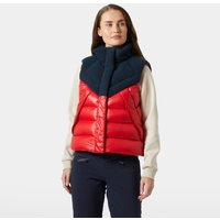 Red Helly Hansen women's down vest, XL, with high collar and quilted design, worn over a light sweater.