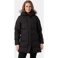 Black Helly Hansen women's puffy parka with faux fur hood trim, quilted design, and front zipper closure.