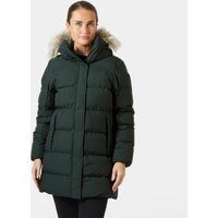 Green Helly Hansen women's puffy parka with faux fur hood trim, quilted design, and front zipper closure.