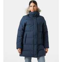 Navy Helly Hansen women's puffy parka with faux fur hood trim, quilted design, and front zipper closure, size XS.