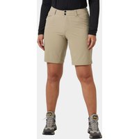 Beige Helly Hansen women's softshell shorts with front pockets, button closure, and knee-length fit.