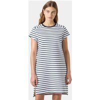 White Helly Hansen women's capri dress, medium size, with navy horizontal stripes and short sleeves.