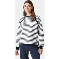 White Helly Hansen Women's Capri Sweatshirt, medium, with navy stripes, raglan sleeves, and ribbed cuffs.