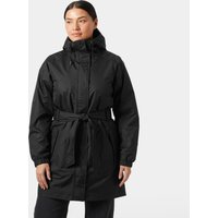 Black Helly Hansen women's insulated trench coat with hood, waist belt, and front pockets.