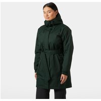 Green Helly Hansen women's insulated trench coat with hood, waist belt, and front pockets, size M.
