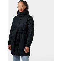Navy insulated trench coat with hood, front zipper, and waist belt, worn by woman.