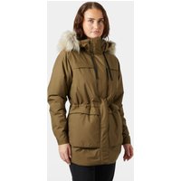 Brown Helly Hansen women's coastal parka with faux fur hood, front pockets, and adjustable waist, size S.